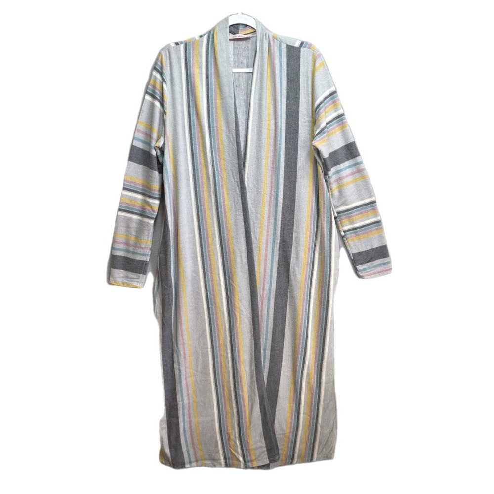 Ces Femme Open Front Rainbow Cardigan Sweater Sz M Striped Duster Long Pockets